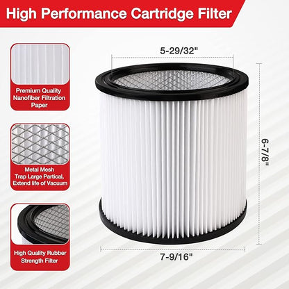 Shop-Vac High Performance 90304/90344 Cartridge Filter, Fits most 4-16 Gallon Shop-Vac Wet/Dry Vacuums, High Efficiency Nanofiber Filtration Paper, PET and Reusable, 1 Pack