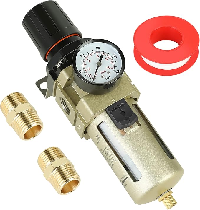 Hromee 1/2 Inch Compressed Filter Regulator Combo, Air Compressor Water Oil Trap Separator with Pressure Gauge, Semi-Auto Drain and Bracket