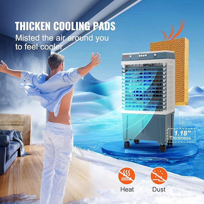 VEVOR Evaporative Air Cooler,1400 CFM 11X31 inch Air Cooler,3 Speeds Cooler Portable Air Conditioner,Energy-Saved Swamp Cooler for party,pool and patio,5 Gal Water Tank & 550 Sq.Ft…