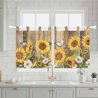 Farmhouse Sunflowers Kitchen Curtains 24 Inch Length, Small Window Curtains Tab Top, Rustic Floral Buttterfly Wood Board Brown Light Filtering Short Window Treatments Tier Drapes 27.5"x24" 2 Panel