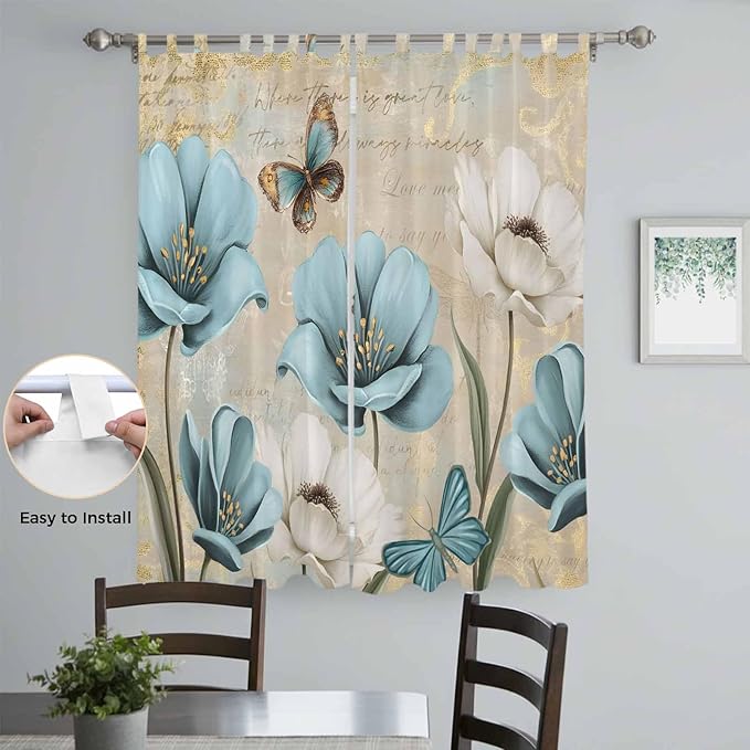 Spring Flowers Living Room Curtains 96 Inch Length, Window Curtains Tab Top, Vintage Rustic Tulips Floral Butterfly Khaki Light Filtering Window Treatments Drapes 52"x96" 2 Panel