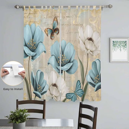 Spring Flowers Living Room Curtains 96 Inch Length, Window Curtains Tab Top, Vintage Rustic Tulips Floral Butterfly Khaki Light Filtering Window Treatments Drapes 52"x96" 2 Panel