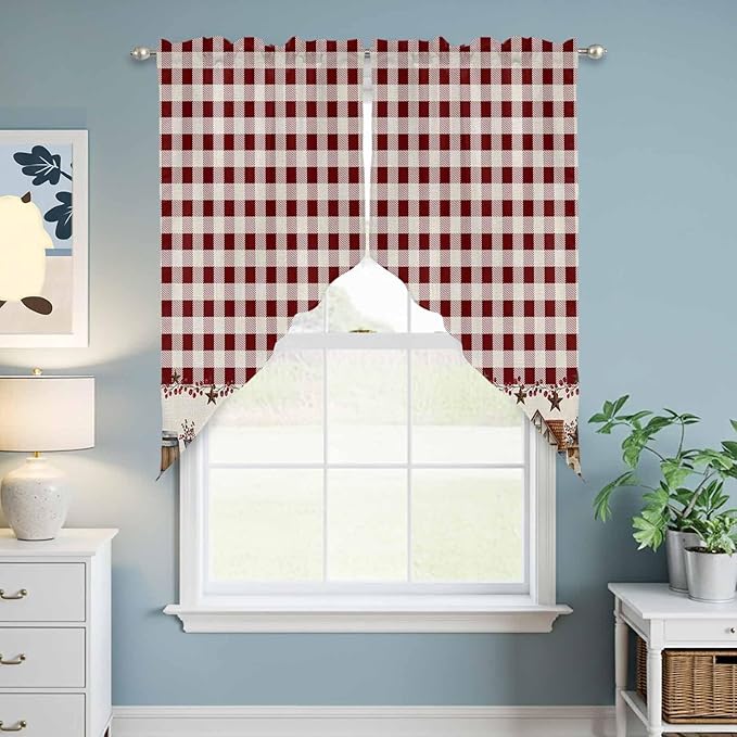 Swag Curtain Valances for Kitchen Windows,Farm Barn Western Star on Vintage Short Rod Pocket Window Valance,Red Buffalo Plaid Swag Topper for Bedroom Living Room,2 Panels 36x36in