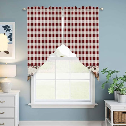 Swag Curtain Valances for Kitchen Windows,Farm Barn Western Star on Vintage Short Rod Pocket Window Valance,Red Buffalo Plaid Swag Topper for Bedroom Living Room,2 Panels 36x36in