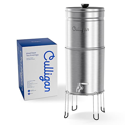 Culligan MaxClear 3 Gallon Gravity Water Filter System, Brushed Stainless-Steel Countertop Water Filter NSF/ANSI Certified to Reduce Microplastics, Lead & Total PFAS, with 3 Ceramic Filters