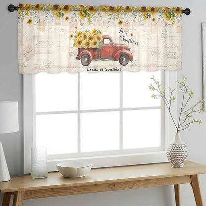 Farmhouses Sunflowers Sheer Valance Curtains, Retro Floral Leaves Red Truck Vintage Light Filtering Kitchen Valances Rod Pocket Voile Curtain Window Treatment for Bedroom/Living Room/Basement 42Wx12L