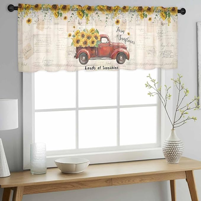 Farmhouses Sunflowers Sheer Valance Curtains, Retro Floral Leaves Red Truck Vintage Light Filtering Kitchen Valances Rod Pocket Voile Curtain Window Treatment for Bedroom/Living Room/Basement 60Wx18L