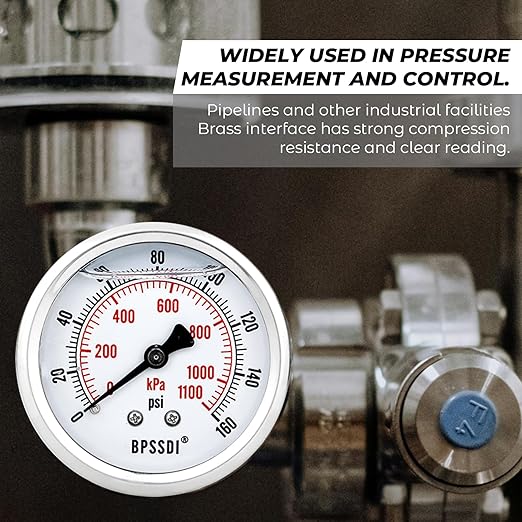 0-160 Psi Glycerin Liquid Filled Low Pressure Gauge, 2.5" Dial Size, 1/4" G Back Mount, 304 Stainless Steel Case, for Water Pipe, HVAC, Water Oil Air Pressure Test