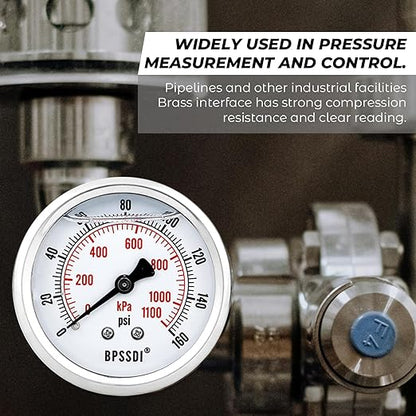 0-160 Psi Glycerin Liquid Filled Low Pressure Gauge, 2.5" Dial Size, 1/4" G Back Mount, 304 Stainless Steel Case, for Water Pipe, HVAC, Water Oil Air Pressure Test