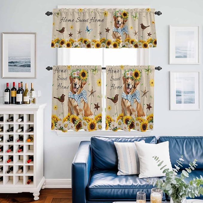 Kitchen Curtains Tiers and Valance Set of 3, Sunflowers Dog Light Filtering Window Curtain Set, Spring Watercolor Floral Stars on Linen Rod Pocket Curtain Drapes for Cafe, Living Room, 24 Inches Tiers