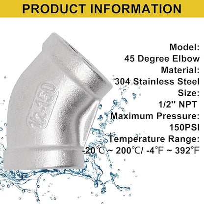 45 Degree Elbow 2PCS, 1/2" NPT Female x 1/2" NPT Female 304 Stainless Steel Pipe Fitting, Connector Coupler Apply to Outdoor/Garden/Industrial