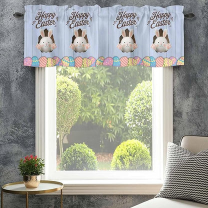 Blue Easter Curtain Valances for Windows, Kitchen Valance Window Treatment, Spring Cartoon Bunny Colorful Eggs Wood Grain Light Filtering Block Curtains for Bathroom/Bedroom/Living Room 60'' x 18''