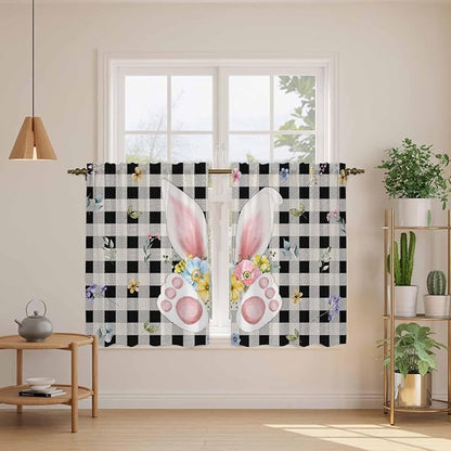 Easter Kitchen Tier Curtains 45 Inch Long 2 Panel Set,Rod Pocket Short Window Treatment,Spring Rabbits Ears Feet Wildflowers Black Plaid Light Filtering Curtains & Drapes for Bathroom 27.5"W x 45"L