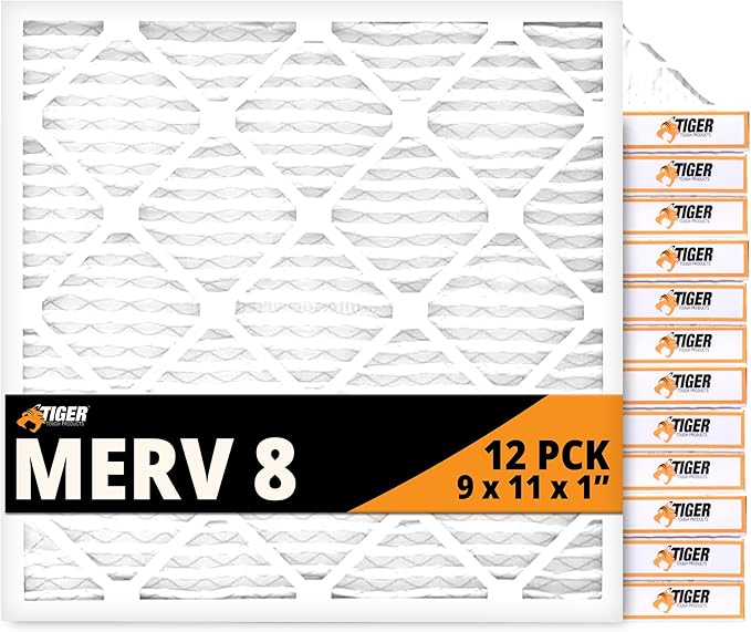 Tiger Tough 9x11x1 Air Filter MERV 8 MPR 600-800, High-Performance Pleated HVAC AC Furnace Filter Replacement for Home, 12-Pack