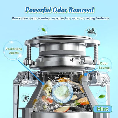 Garbage Disposal Cleaner Deodorizer Tablets-24 Pack Deep Cleaning Disposer Descaler Freshener-Heavy Duty Grease Grime Limescale Odor Smell Remover-for Kitchen All Disposals Mint Foaming 1 Year Supply