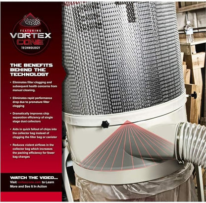 JET Vortex Cone Dust Collector, 30-Micron Bag Filter, 2 HP, 230V 1Ph (Model DC-1200VX-BK1)