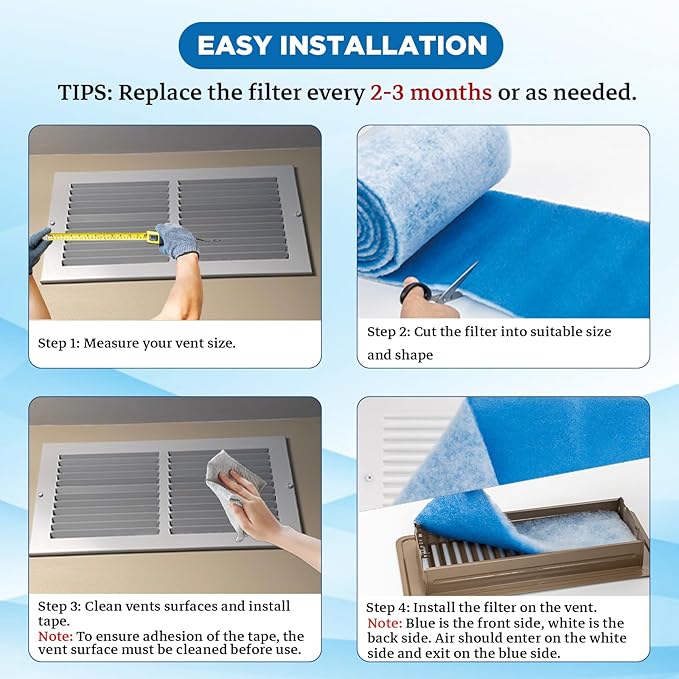 Air Vent Filters Roll, 120" x 12" Cut to Fit (50+ Filters), MERV 8 Triple Vent Filter Kit for HVAC Furnace Vents, Home Floor, Ceiling, Grilles