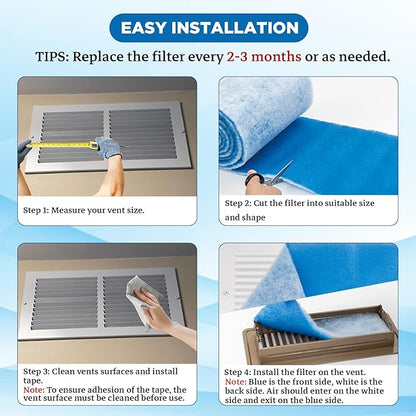 Air Vent Filters Roll, 90" x 12" Cut to Fit (35+ Filters), MERV 8 Triple Vent Filter Kit for HVAC Furnace Vents, Home Floor, Ceiling, Grilles