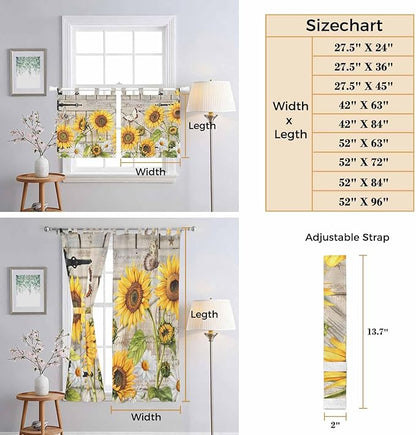 Farm Flowers Living Room Curtains 84 Inch Length, Window Curtains Tab Top, Retro Sunflowers Barn Doors Butterfly Wood Board Light Filtering Window Treatments Drapes 52"x84" 2 Panel