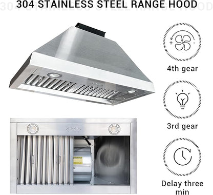 CHETTO C Stainless Steel Range Hood Cover with 4-Speed Vent Hood Insert Custom Handcrafted Metal Kitchen Fan with Towel Rack LED Light 30"W x21"D x30"H White Wall Mount