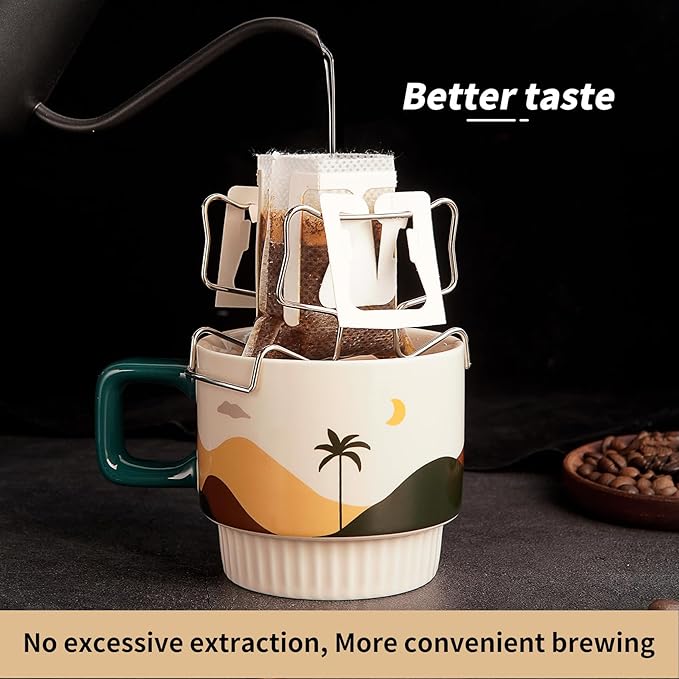 Hanging Ear Drip Coffee Bag Holder with 50-100Pcs Portable Coffee Filter Paper Bag, Coffee Drip Bag Chair Stand, Portable Coffee Filter Paper Bag, for Easy Pour Over (Stand + 100 Bags)