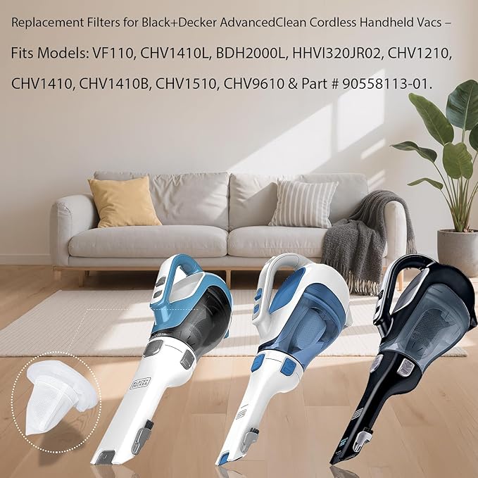 4 Pack Filter Replacement for Black and Decker AdvancedClean Cordless Handheld Vacuum VF110 CHV1410L BDH2000L HHVI320JR02, Compact Pet and Car Hand Vac Filters