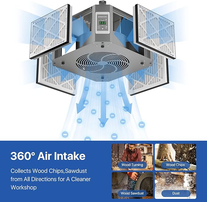Abestorm 360 Degree Intake Air Filtration System for Woodworking, Built-in Ionizer, 1350CFM Hanging Air Filter, Shop Dust Collector, Garage WorkShop, MERV-11 filter, DecDust 1350IG