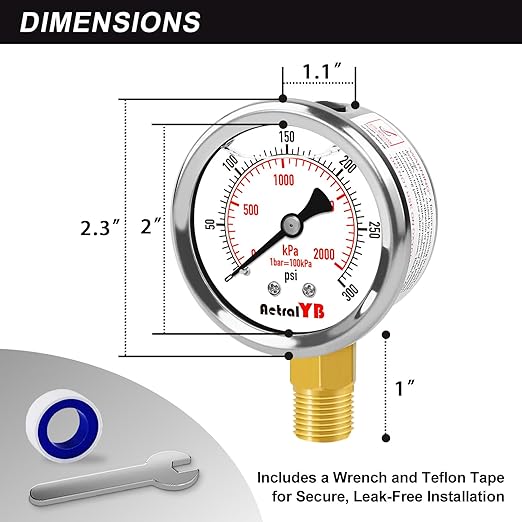 0-300 PSI Heavy-Duty Pressure Gauge, 2-Inch, Glycerin-Filled, Stainless Steel, 1/4" NPT Lower Mount, Shock-Resistant, Waterproof Pressure Meter for Oil Systems, Water Pumps, HVAC Applications
