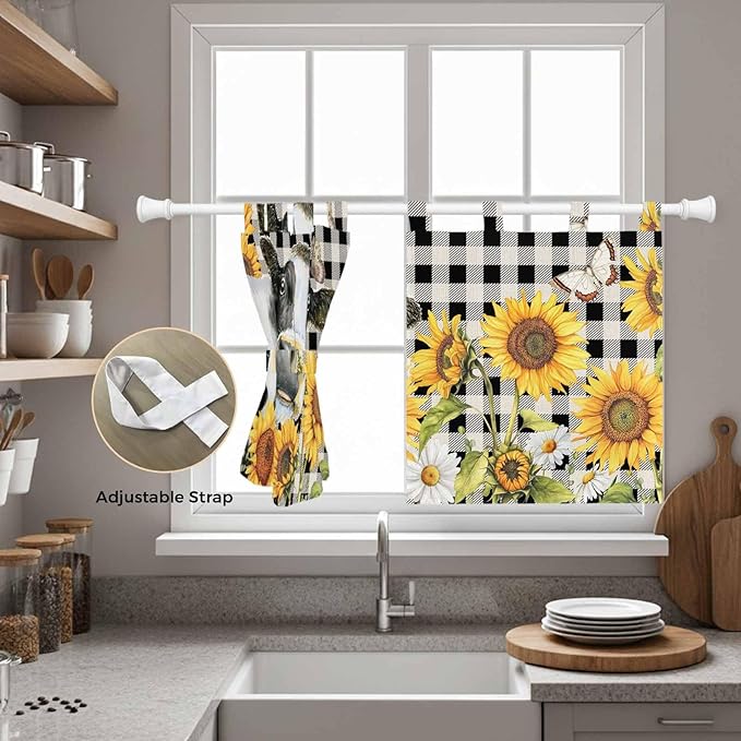 Retro Sunflowers Kitchen Curtains 24 Inch Length, Small Window Curtains Tab Top, Farmhouse Floral Cow Butterfly Black Plaid Light Filtering Short Window Treatments Tier Drapes 27.5"x24" 2 Panel