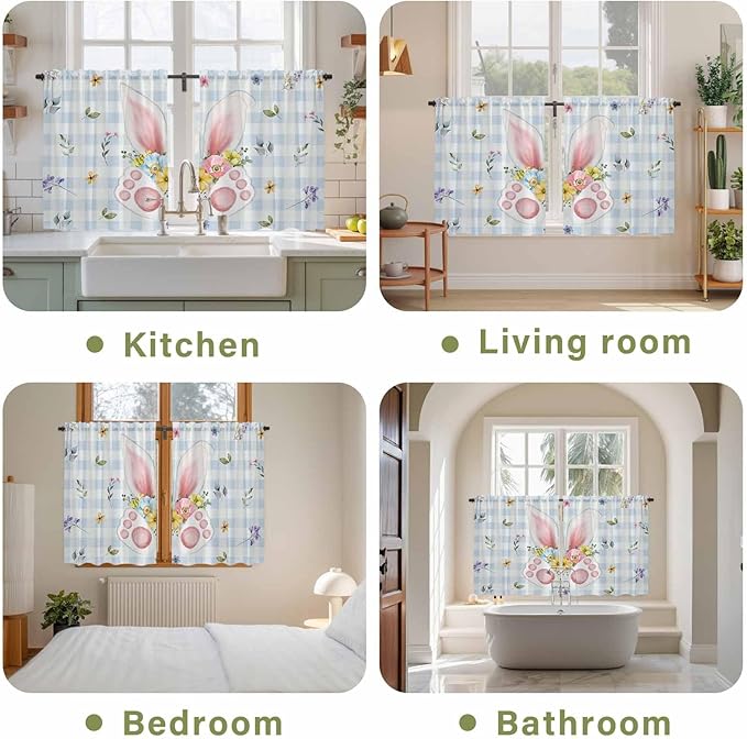 Easter Kitchen Curtains 45 Inch Long 2 Panel Set, Rod Pocket Window Treatment, Spring Rabbits Ears Feet Floral Blue Lattice Light Filtering Short Curtains & Drapes for Bathroom Laundry 52"W x 45"L