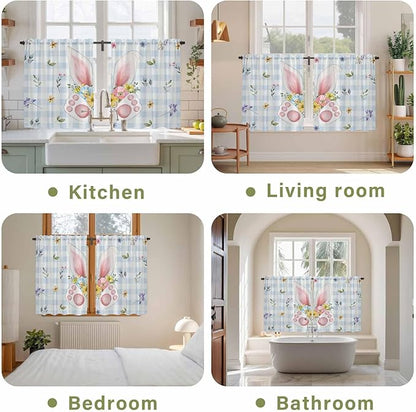 Easter Kitchen Curtains 54 Inch Long 2 Panel Set, Rod Pocket Window Curtains Panels, Spring Rabbits Ears Feet Floral Blue Lattice Light Filtering Drapery Draperies for Bathroom Bedroom 52"W x 54"L