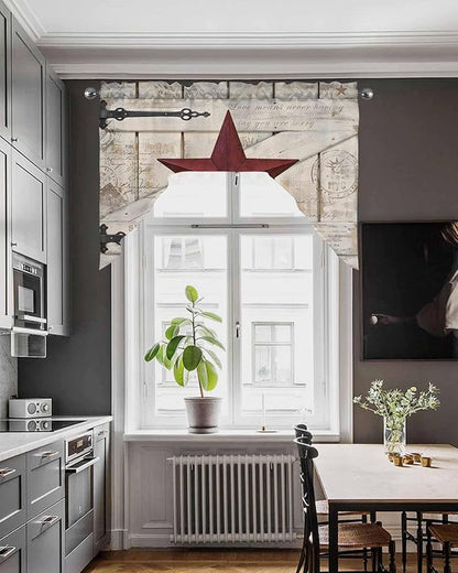Village Stars Swag Kitchen Curtains Valance and Tier Set, Vintage Dark Red Star Beige Barn Doors Light-Filtering Swag Valance, Rod Pocket Short Curtain for Bedroom Cafe, 56x36 inches
