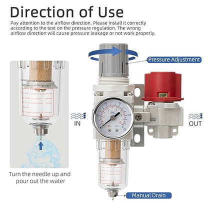 Pneumatic Air Compressor Filter Regulator Combo 1/4" NPT 0-150 PSI,Pressure relief 3 port valve,Manual Drain,5 Micron Brass Element