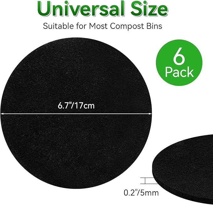 6 Pack Charcoal Filters for Compost Bucket, 6.7 Inch Compost Filters for Countertop Bin, Activated Carbon Replacement Filters for Kitchen Compost Bins, Home Bucket Compost Bin Refill, Round