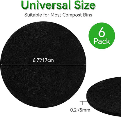 6 Pack Charcoal Filters for Compost Bucket, 6.7 Inch Compost Filters for Countertop Bin, Activated Carbon Replacement Filters for Kitchen Compost Bins, Home Bucket Compost Bin Refill, Round