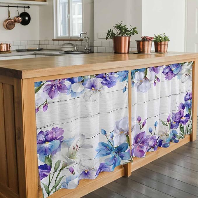 Spring Flowers Tier Curtains, Watercolor Garden Florals Wooden Grain Light Filtering Kitchen Curtains, 2Pcs Rod Pocket Half Window Treatments Panels for Sink Cafe Cabinet Camper 27.5x24 Inches