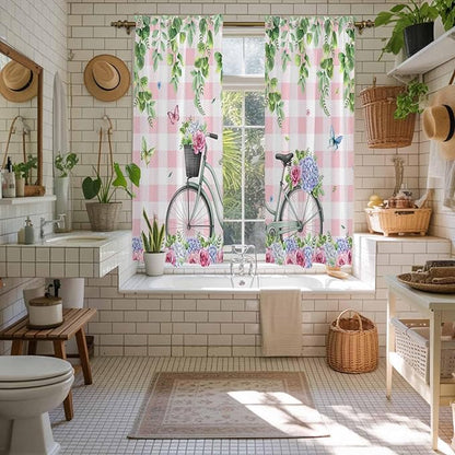 Spring Kitchen Curtains, Bicycles Leaves Butterfly Flowers Pink Buffalo Plaid Light Filtering Window Curtain Panels, 2Pcs Rod Pocket Window Treatments Set for Living Room Bathroom Bedroom 42x63 Inches