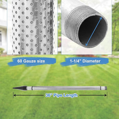 Well Point 1-1/4, Sand Points Well, 1-1/4 Drive Point Well, Well Stainless Steel Drive Points, Heavy Duty Shallow Well Point, 36-Inch Pipe Length 60 Gauze, Stainless Steel Gauze and Screen