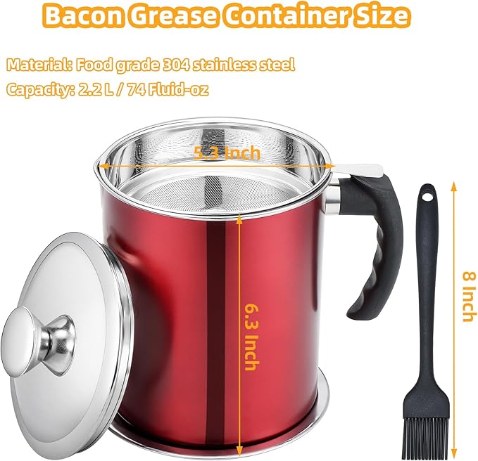 Kaemi 2.2L / 74OZ Bacon Grease Container with Strainer, Red Grease Keeper Can Oil Storage Catcher for Kitchen with Lid and Easy Grip Handle for Storing Meat Frying and Cooking Oil