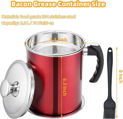 Kaemi 2.2L / 74OZ Bacon Grease Container with Strainer, Red Grease Keeper Can Oil Storage Catcher for Kitchen with Lid and Easy Grip Handle for Storing Meat Frying and Cooking Oil