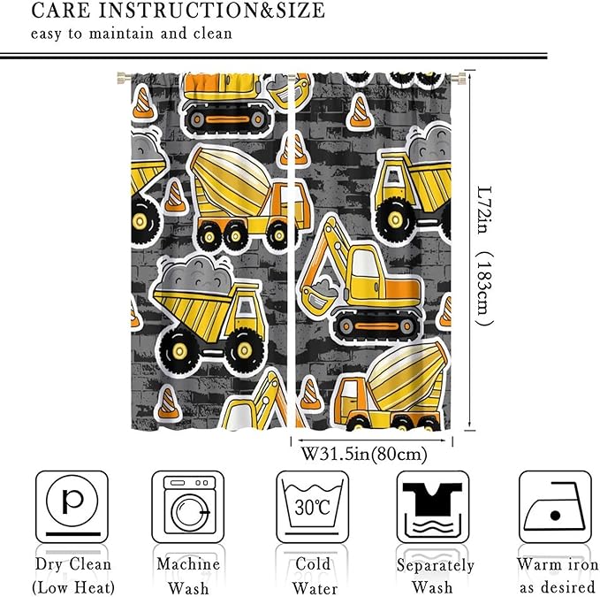 Kids Construction Excavator Window Curtains, Yellow Excavator Transporter Truck Cartoon Vehicles Rod Pocket Decorative Window Curtain for Children Teens Room 63x72in (30% Blackout)