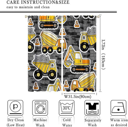 Kids Construction Excavator Window Curtains, Yellow Excavator Transporter Truck Cartoon Vehicles Rod Pocket Decorative Window Curtain for Children Teens Room 63x72in (30% Blackout)