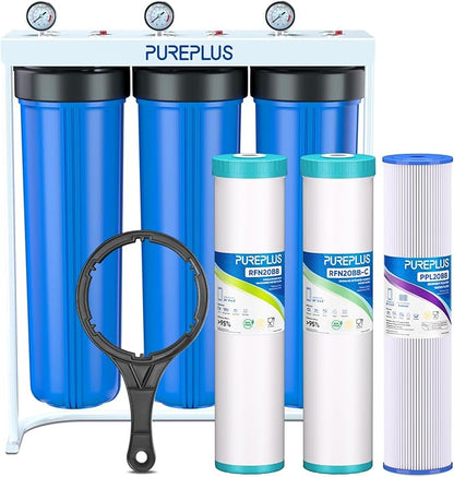 PUREPLUS 20-Inch 3-Stage Whole House Water Filter, Home Filtration System | Pleated Pre-Filter, Activated Carbon & Iron-Manganese Reducing | Built-in Pressure Gauges, with Steel Stand Frame