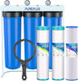 PUREPLUS 20-Inch 3-Stage Whole House Water Filter, Home Filtration System | Pleated Pre-Filter, Activated Carbon & Iron-Manganese Reducing | Built-in Pressure Gauges, with Steel Stand Frame