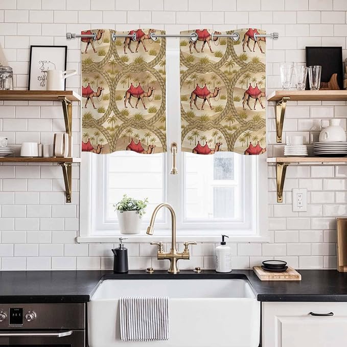 2 Panel Kitchen Cafe Curtains, Desert Camels Sunlight Filtering Nature Air Through, Home Decor Window Covering Tier Curtains for Living Room 55W x 39L inch Tropical Palm Trees Sand Cords Brown