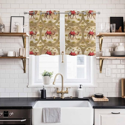 2 Panel Kitchen Cafe Curtains, Desert Camels Sunlight Filtering Nature Air Through, Home Decor Window Covering Tier Curtains for Living Room 55W x 39L inch Tropical Palm Trees Sand Cords Brown