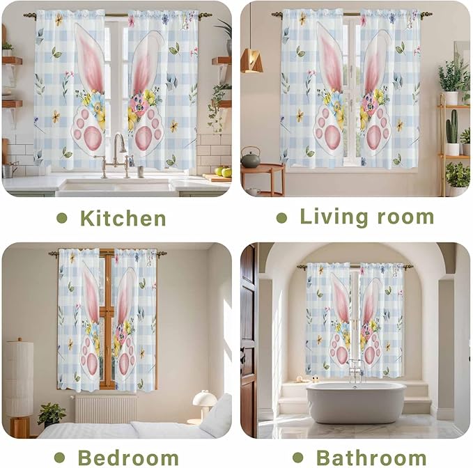 Easter Window Curtains 63 Inch Long 2 Panel Set, Rod Pocket Bedroom Curtains & Drapes, Spring Rabbits Ears Feet Floral Blue Lattice Light Filtering Window Treatment for Living Room 42"W x 63"L