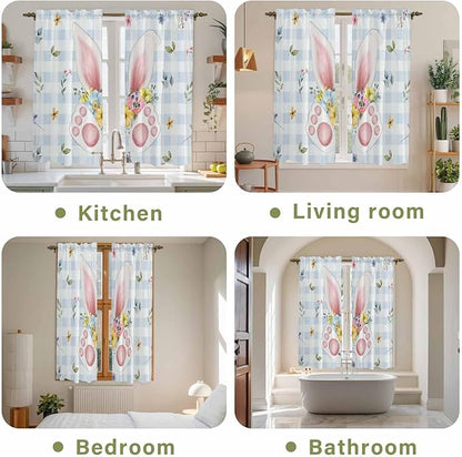Easter Window Curtains 63 Inch Long 2 Panel Set, Rod Pocket Bedroom Curtains & Drapes, Spring Rabbits Ears Feet Floral Blue Lattice Light Filtering Window Treatment for Living Room 42"W x 63"L