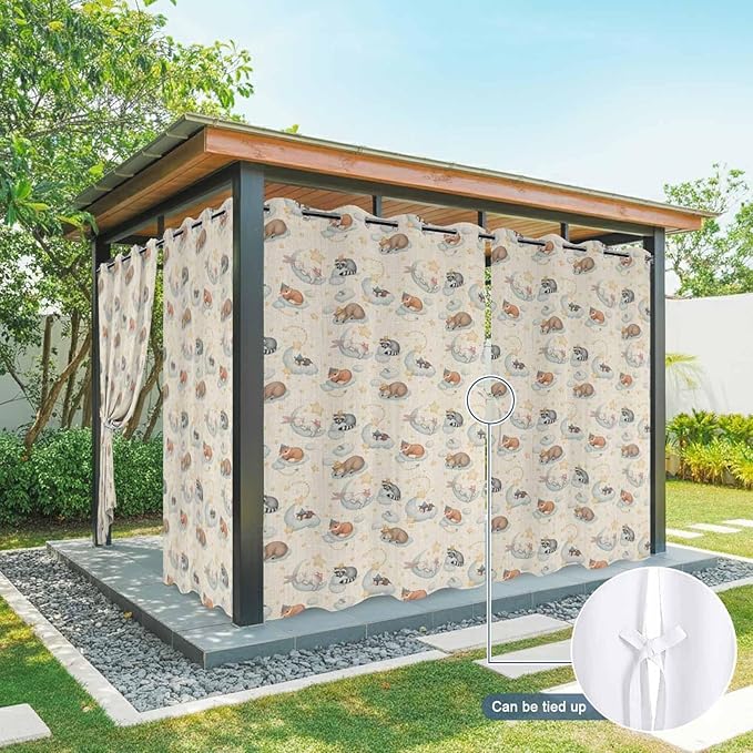Cartoon Animals Outdoor Curtains for Patio Raccoons Rabbits Moon Linen Texture Waterproof Outside Curtains with Grommet Top Weatherproof Curtain for Cabana Pergola Gazebo, 2 Pack, 54" W x 108" L