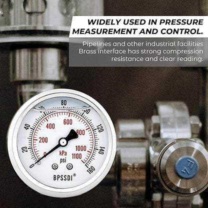 0-200 Psi Glycerin Liquid Filled Low Pressure Gauge, 2.5" Dial Size, 1/4" G Back Mount, 304 Stainless Steel Case, for Water Pipe, HVAC, Water Oil Air Pressure Test